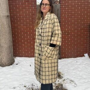 Vintage Plaid Wool Cream Coat with Skirt Set Size Small
